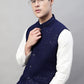 Men White Solid Kurta Pyjama with  Navy Blue Embroidered Nehru Jacket