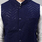 Men White Solid Kurta Pyjama with  Navy Blue Embroidered Nehru Jacket