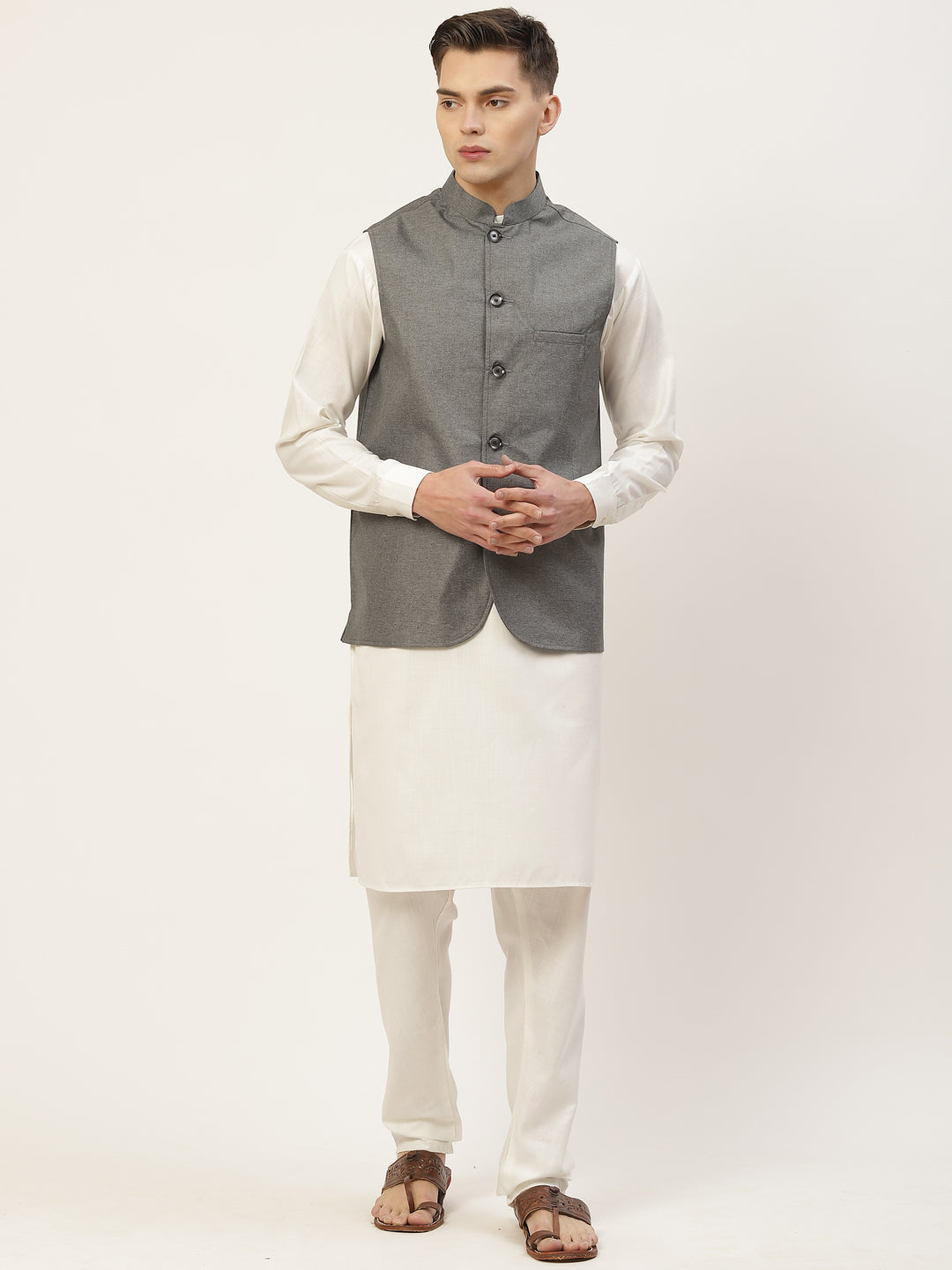 Men's Kurta Pyjama With Charcoal Grey Solid Nehru Jacket (JOKPWC W-F 4033 F )