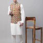 Men off-White Solid Kurta Pyjama with  Olive Printed Nehru Jacket