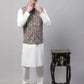 Men off-White Solid Kurta Pyjama with  Teal Blue Printed Nehru Jacket