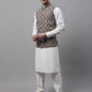 Men off-White Solid Kurta Pyjama with  Teal Blue Printed Nehru Jacket