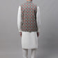 Men off-White Solid Kurta Pyjama with  Teal Blue Printed Nehru Jacket