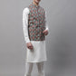 Men off-White Solid Kurta Pyjama with  Teal Blue Printed Nehru Jacket