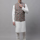 Men off-White Solid Kurta Pyjama with  Teal Blue Printed Nehru Jacket