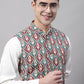 Men off-White Solid Kurta Pyjama with  Teal Blue Printed Nehru Jacket