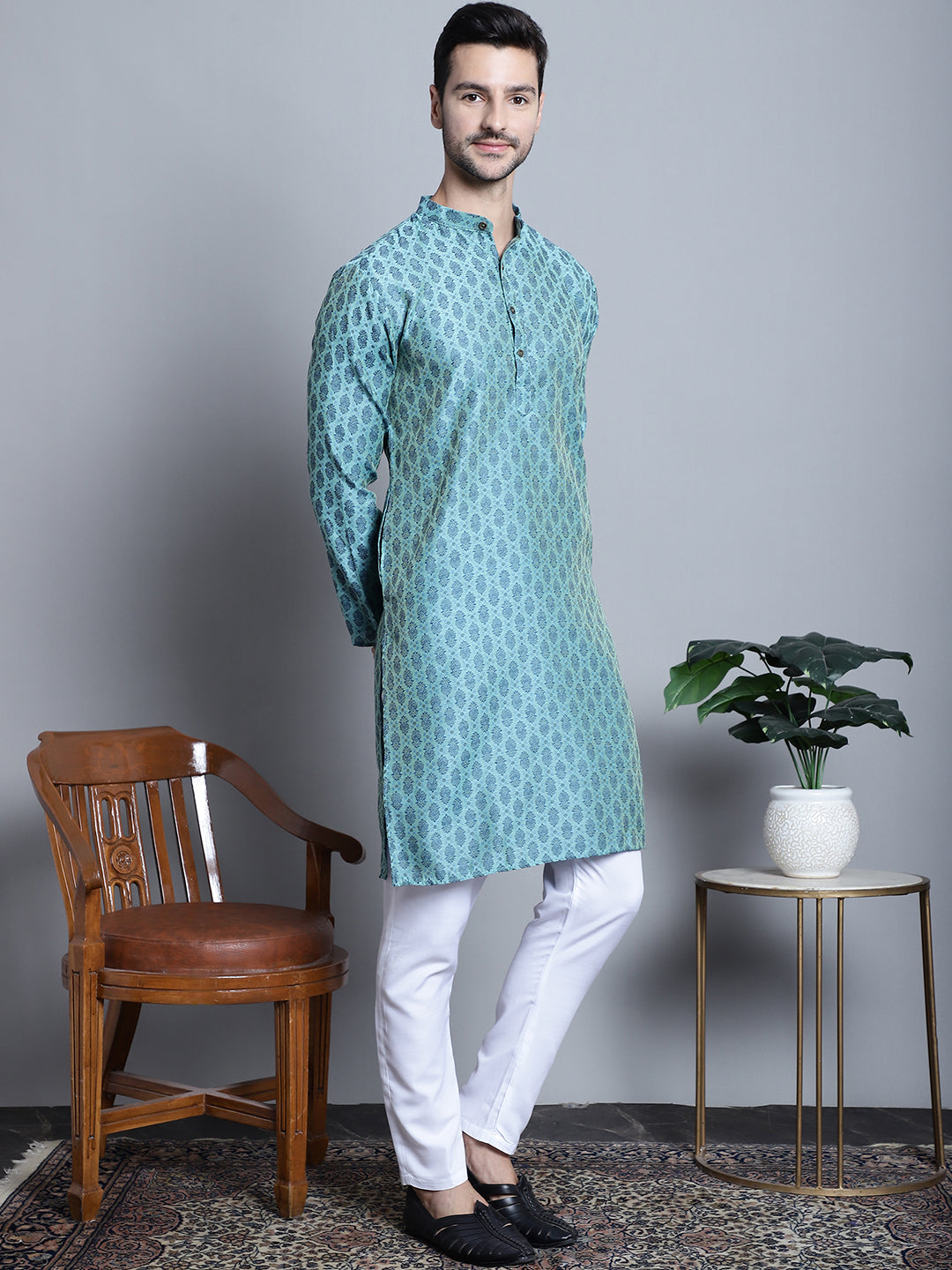 Men Blue Woven Design Kurta with Pyjamas
