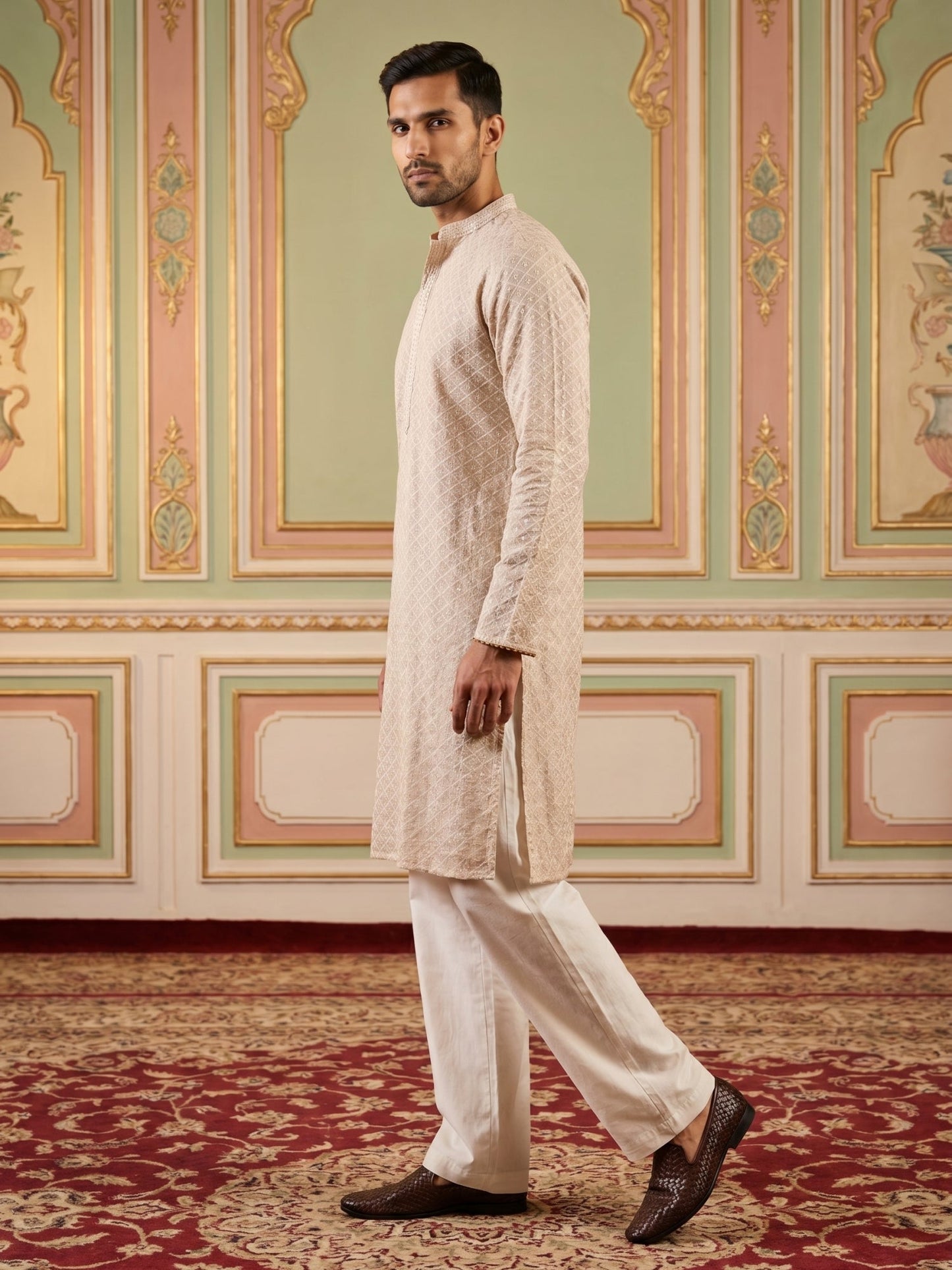 Sequin Embroidered Cotton Kurta with Pyjamas