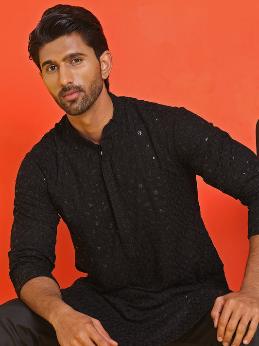 Sequin Embroidered Pure Cotton Kurta with Pyjamas ( JOKP B-P 5006 Black )