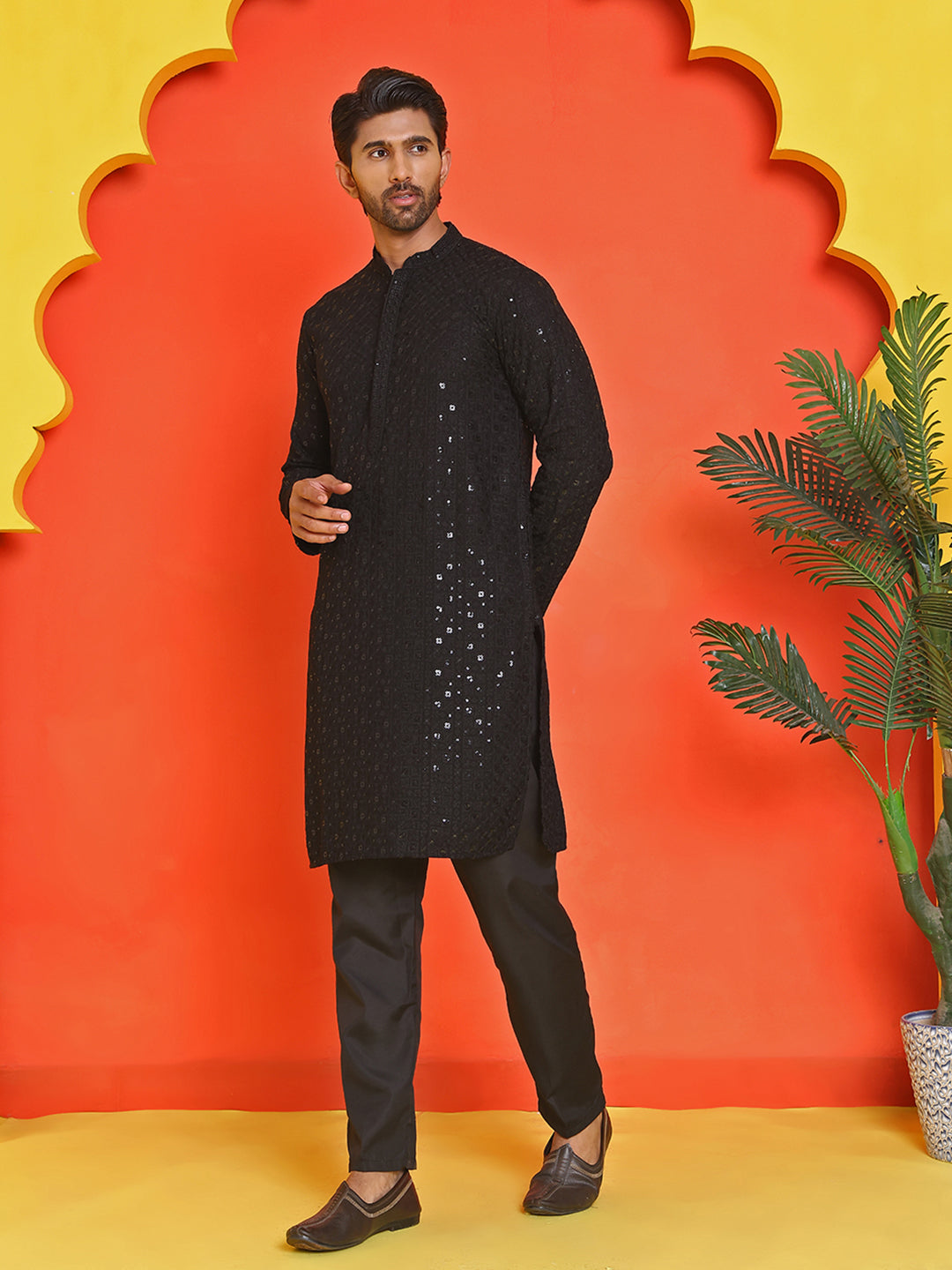 Sequin Embroidered Pure Cotton Kurta with Pyjamas ( JOKP B-P 5006 Black )