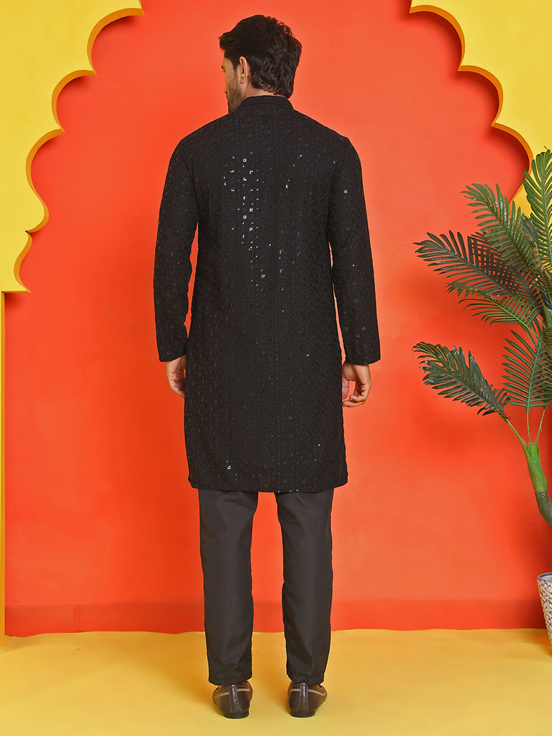 Sequin Embroidered Pure Cotton Kurta with Pyjamas ( JOKP B-P 5006 Black )