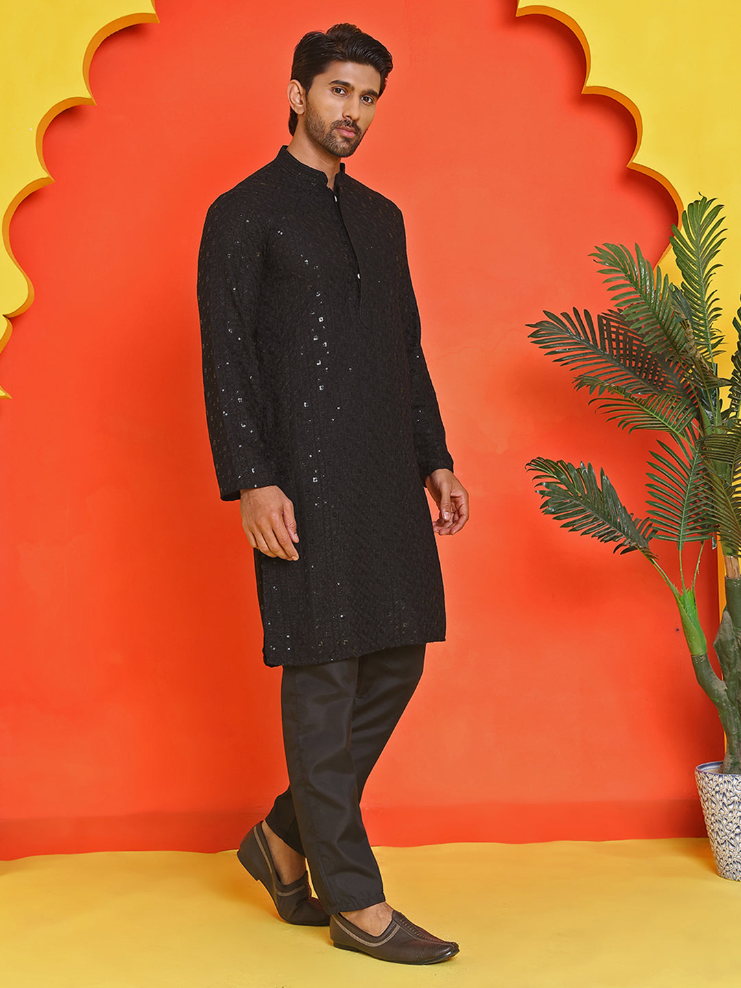 Sequin Embroidered Pure Cotton Kurta with Pyjamas ( JOKP B-P 5006 Black )