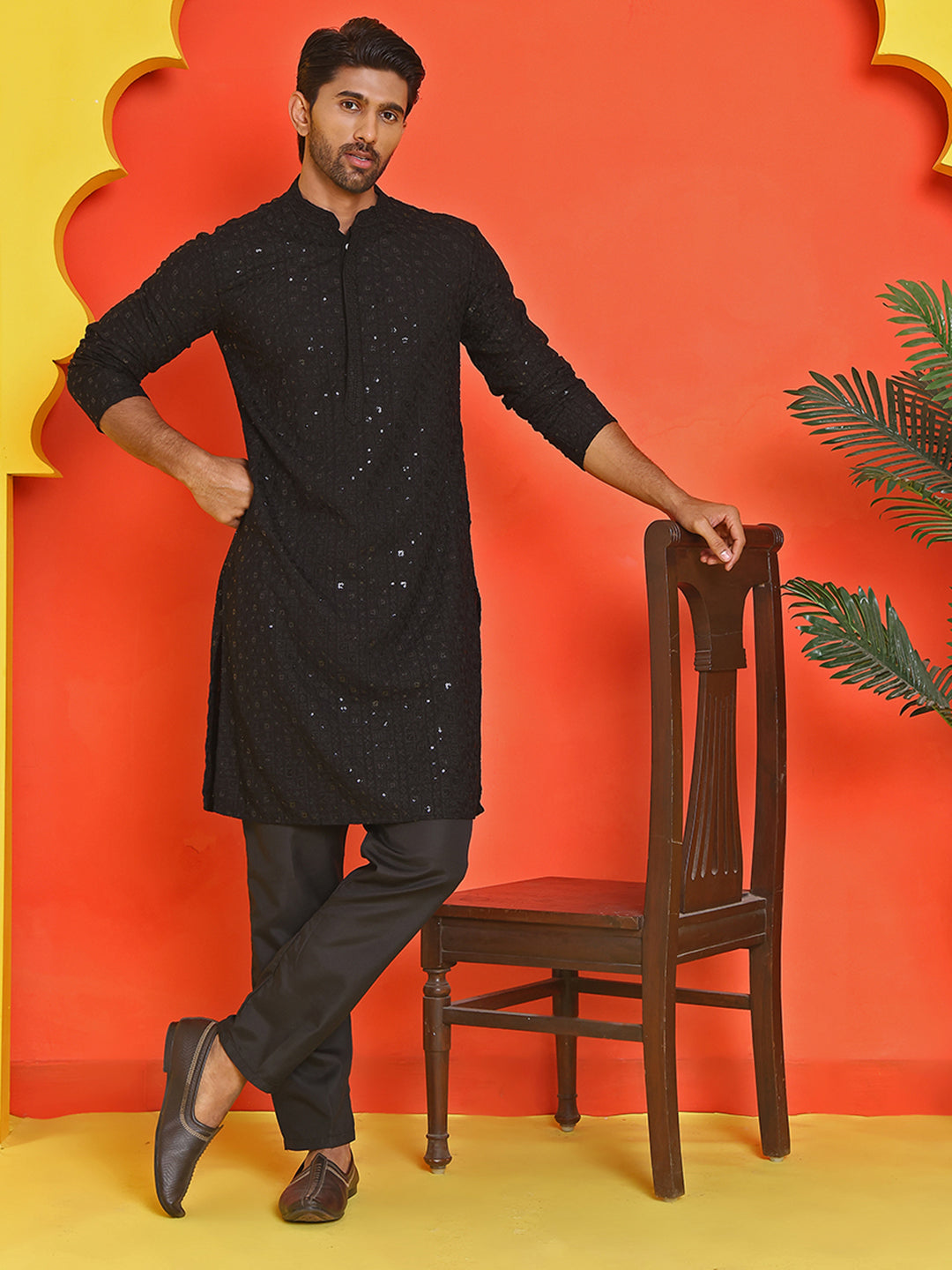 Sequin Embroidered Pure Cotton Kurta with Pyjamas ( JOKP B-P 5006 Black )