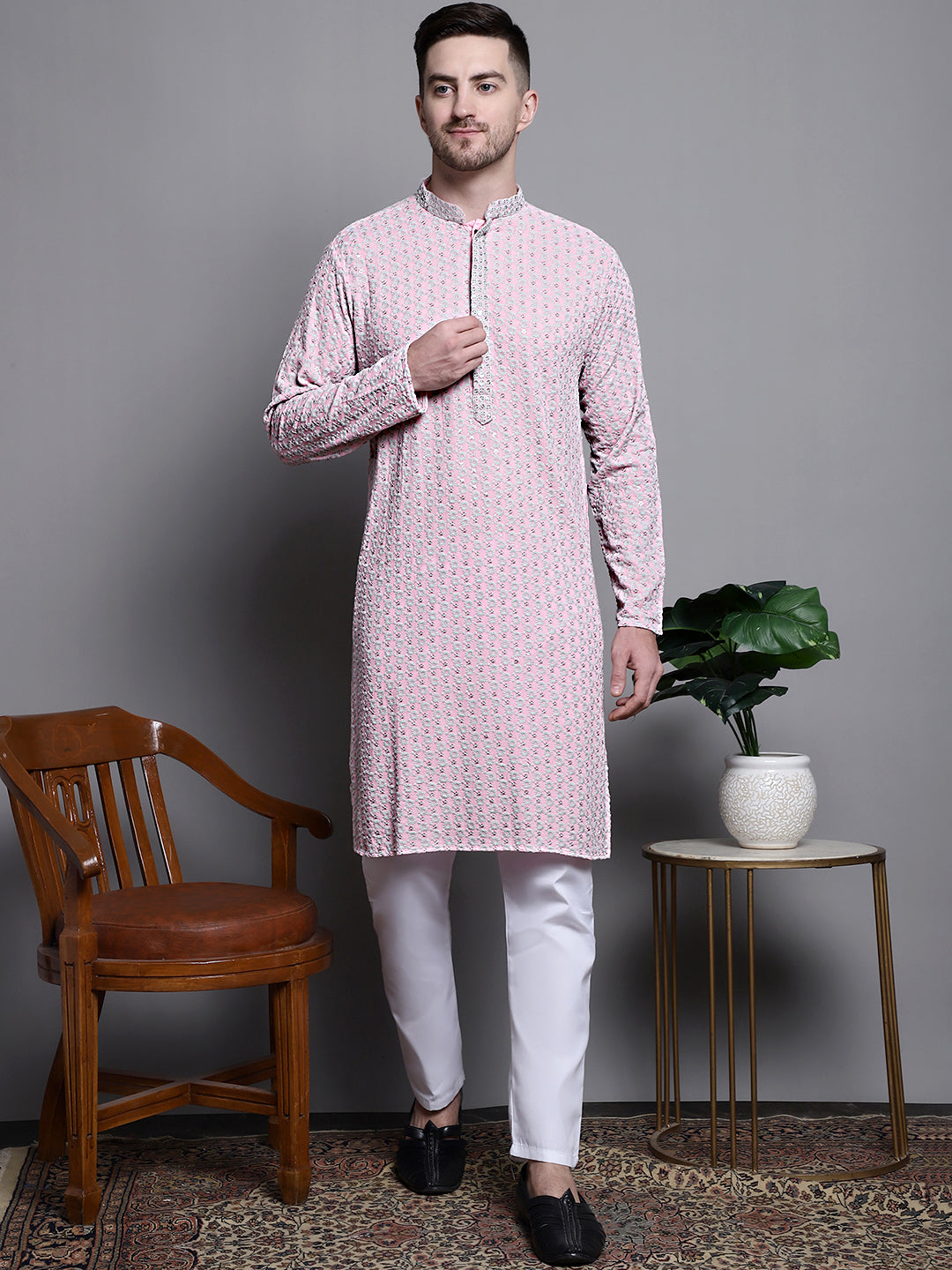Sequin Embroidered Pure Cotton Kurta with Pyjamas