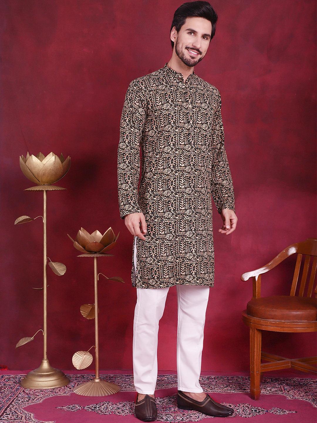 Men's Digital Printed Kurta with Pyjama ( JOKP P 5014 Olive )