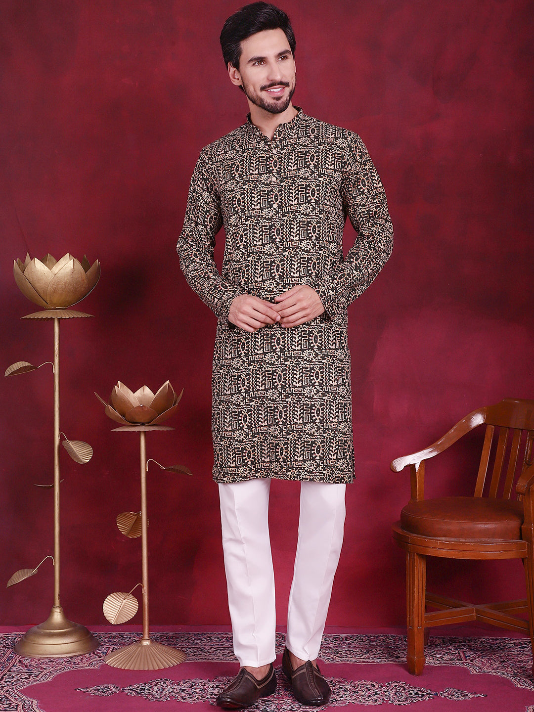 Men's Digital Printed Kurta with Pyjama ( JOKP P 5014 Olive )