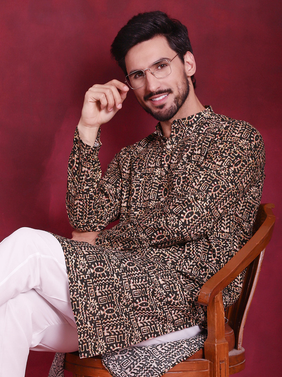 Men's Digital Printed Kurta with Pyjama ( JOKP P 5014 Olive )