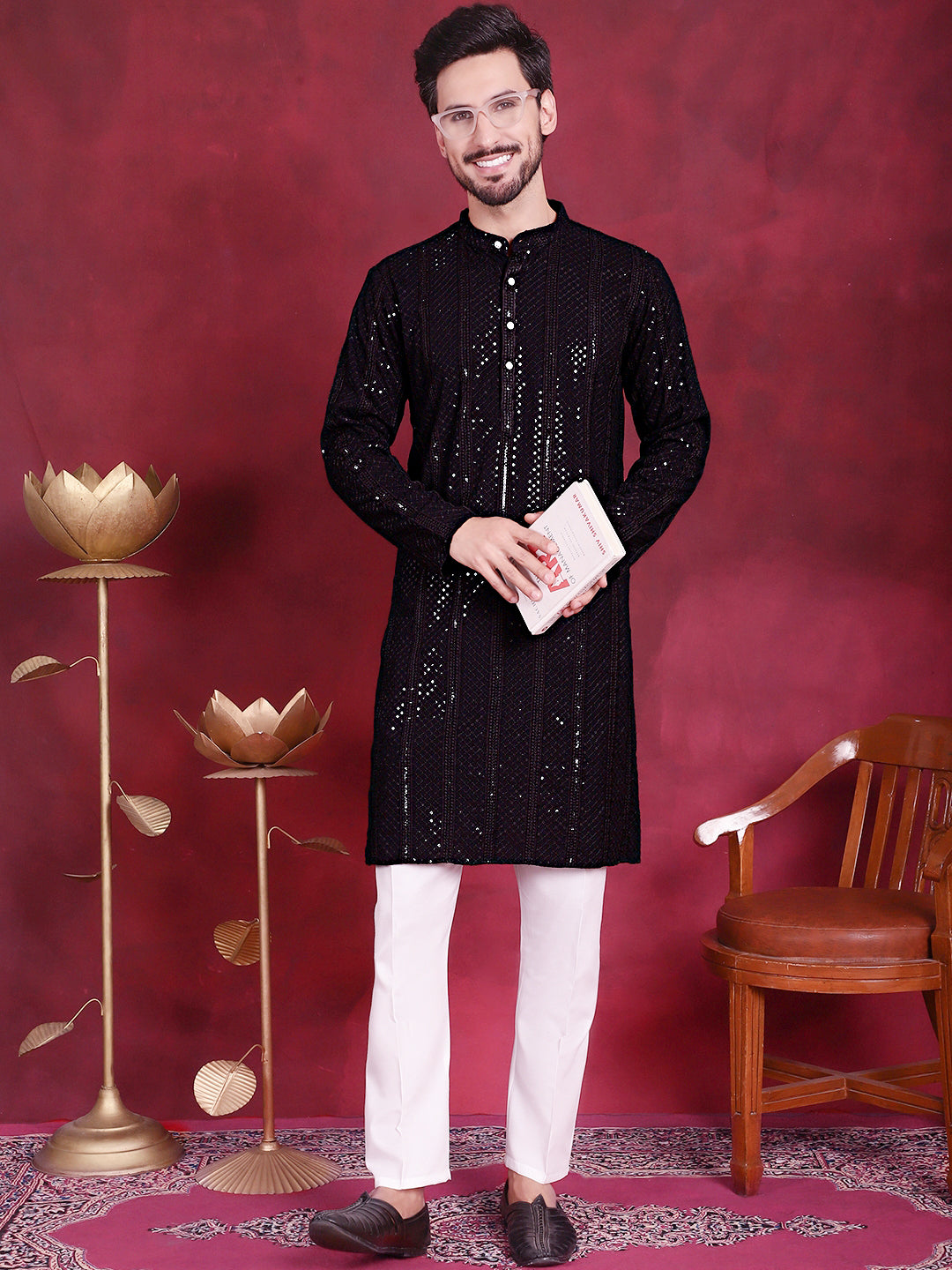 Men's Sequins Chikankari Embroidered Kurta with Pyjama ( JOKP P 5015 Black )