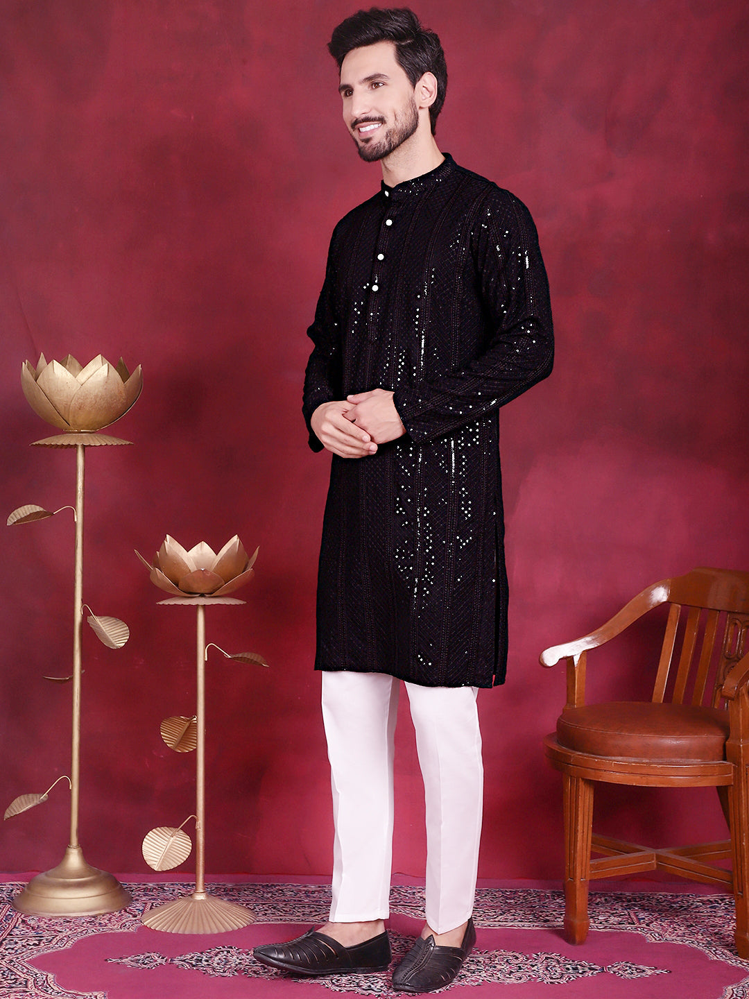 Men's Sequins Chikankari Embroidered Kurta with Pyjama ( JOKP P 5015 Black )