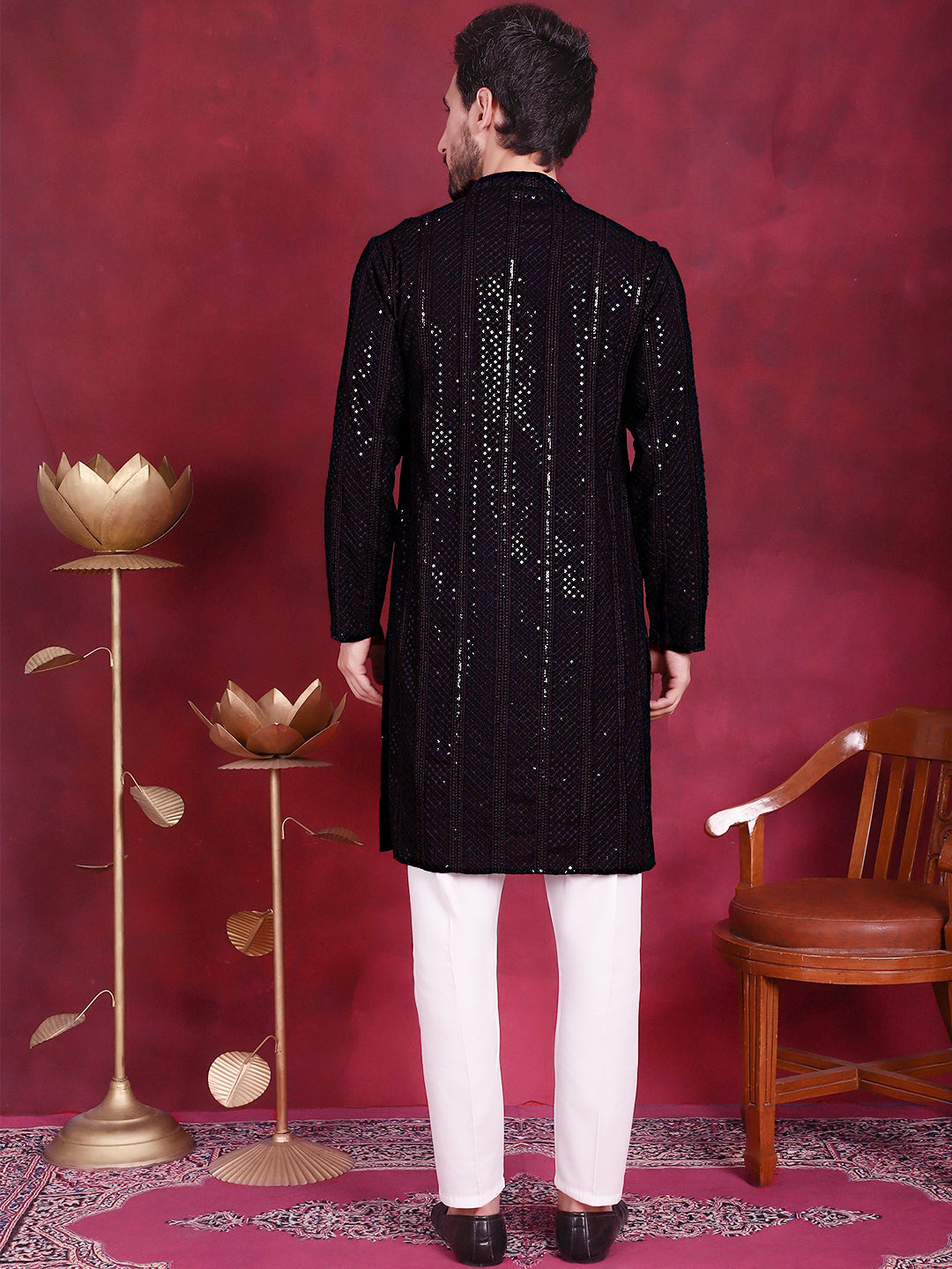 Men's Sequins Chikankari Embroidered Kurta with Pyjama ( JOKP P 5015 Black )