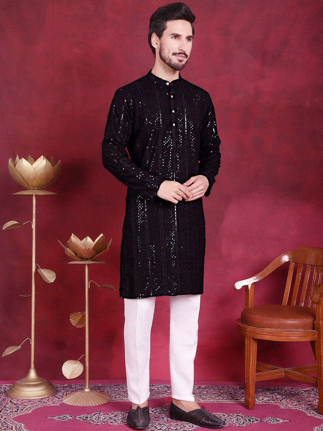 Men's Sequins Chikankari Embroidered Kurta with Pyjama ( JOKP P 5015 Black )