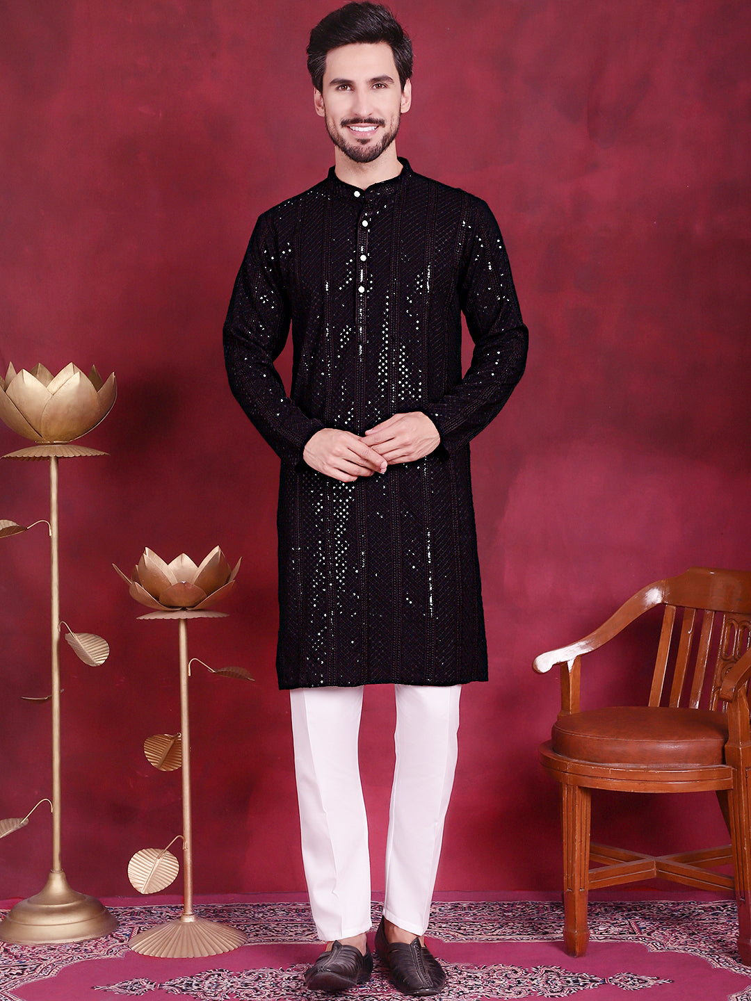 Men's Sequins Chikankari Embroidered Kurta with Pyjama ( JOKP P 5015 Black )