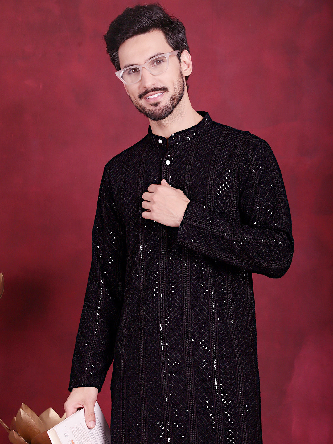 Men's Sequins Chikankari Embroidered Kurta with Pyjama ( JOKP P 5015 Black )