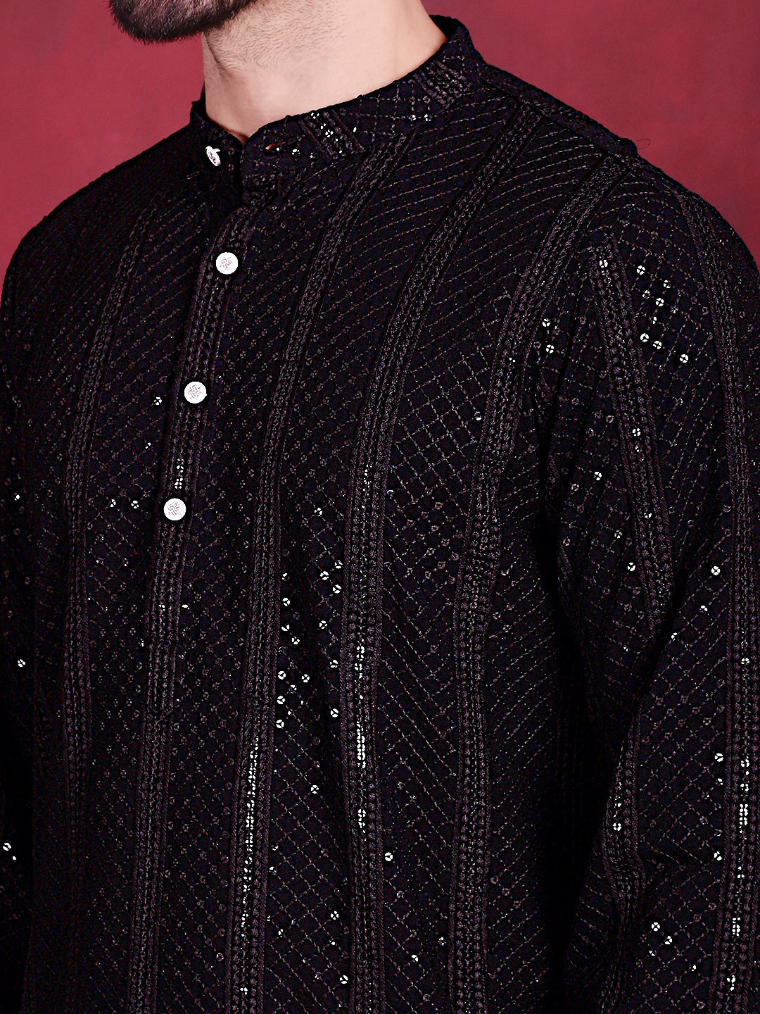 Men's Sequins Chikankari Embroidered Kurta with Pyjama ( JOKP P 5015 Black )