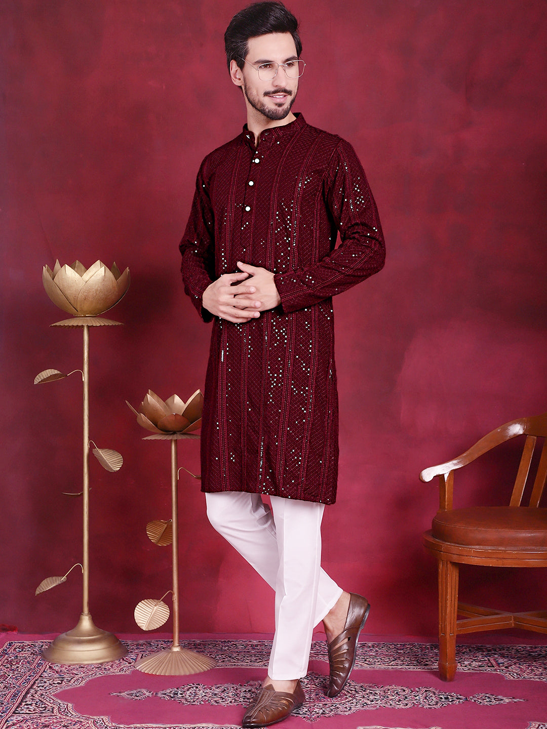 Men's Sequins Chikankari Embroidered Kurta with Pyjama ( JOKP P 5015 Maroon )