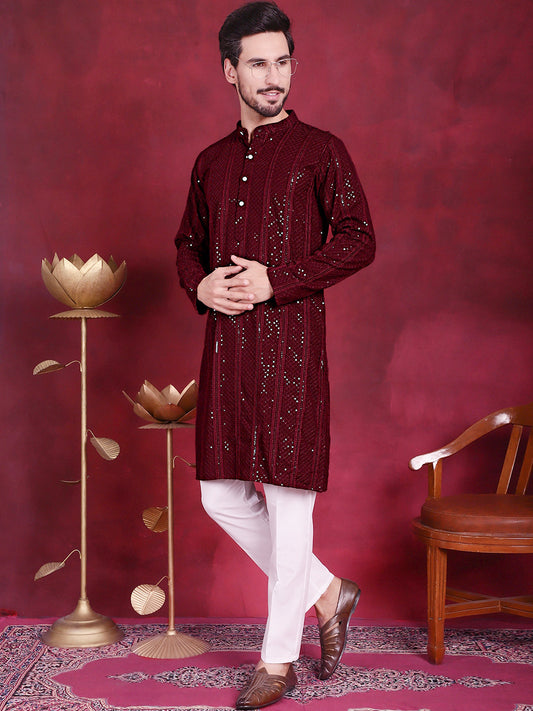 Men's Sequins Chikankari Embroidered Kurta with Pyjama ( JOKP P 5015 Maroon )