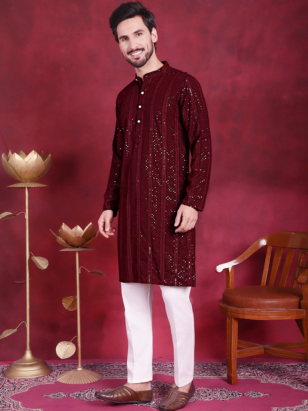 Men's Sequins Chikankari Embroidered Kurta with Pyjama ( JOKP P 5015 Maroon )