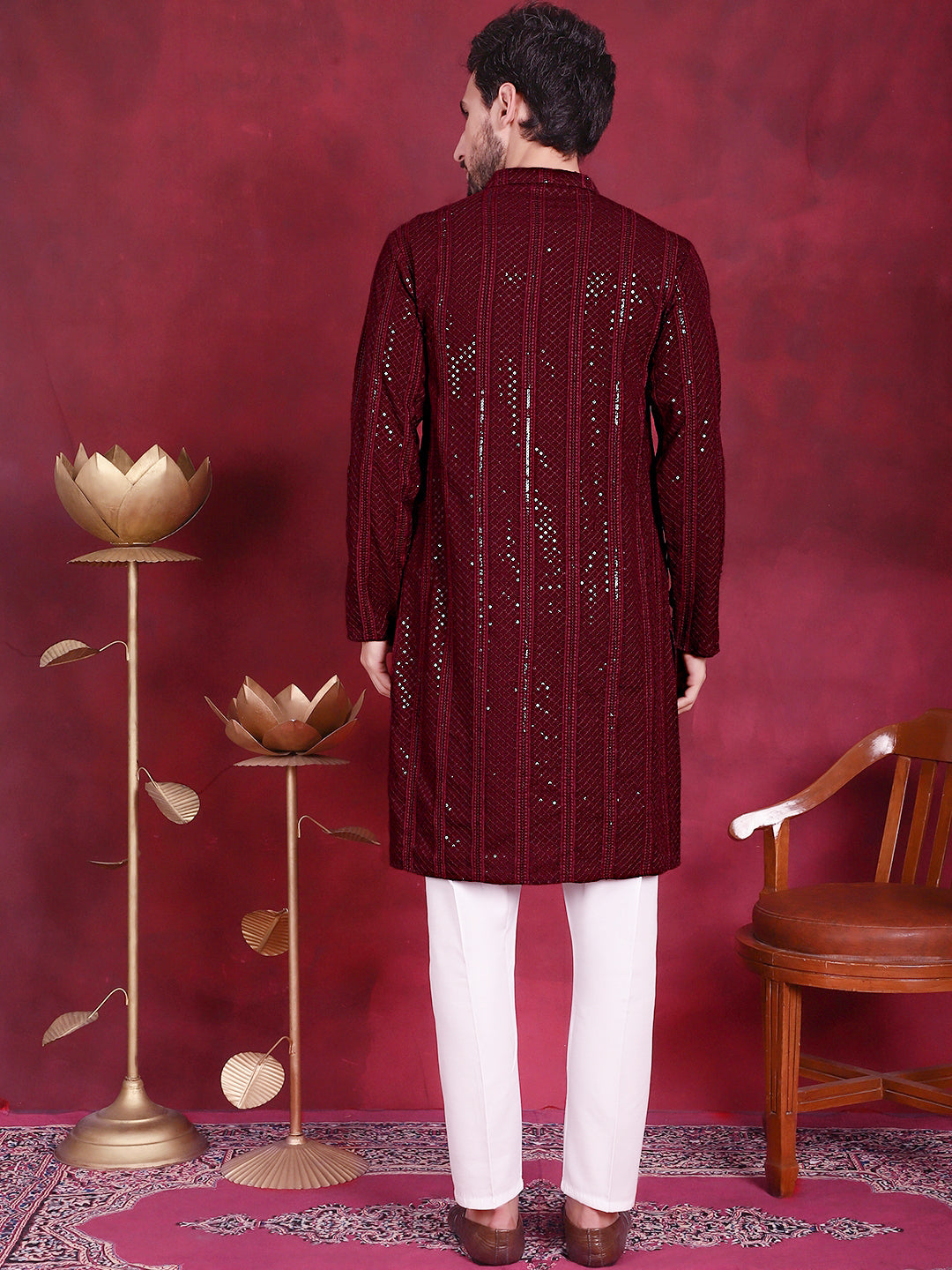 Men's Sequins Chikankari Embroidered Kurta with Pyjama ( JOKP P 5015 Maroon )