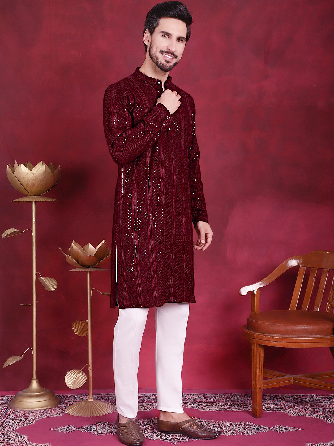 Men's Sequins Chikankari Embroidered Kurta with Pyjama ( JOKP P 5015 Maroon )