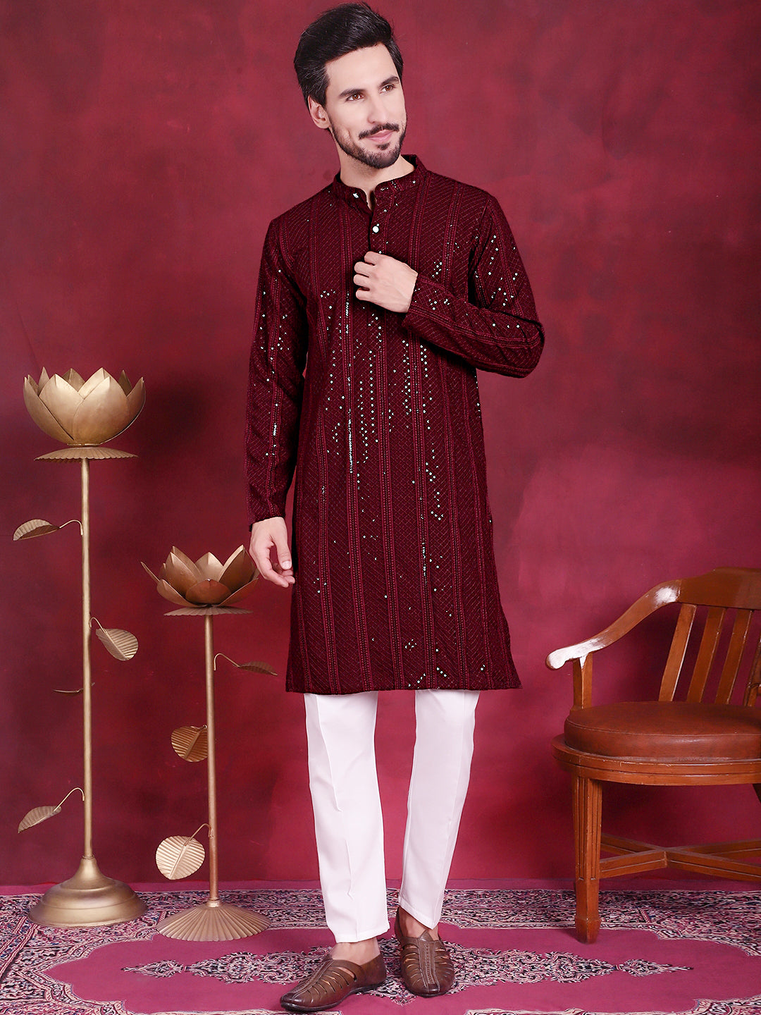Men's Sequins Chikankari Embroidered Kurta with Pyjama ( JOKP P 5015 Maroon )