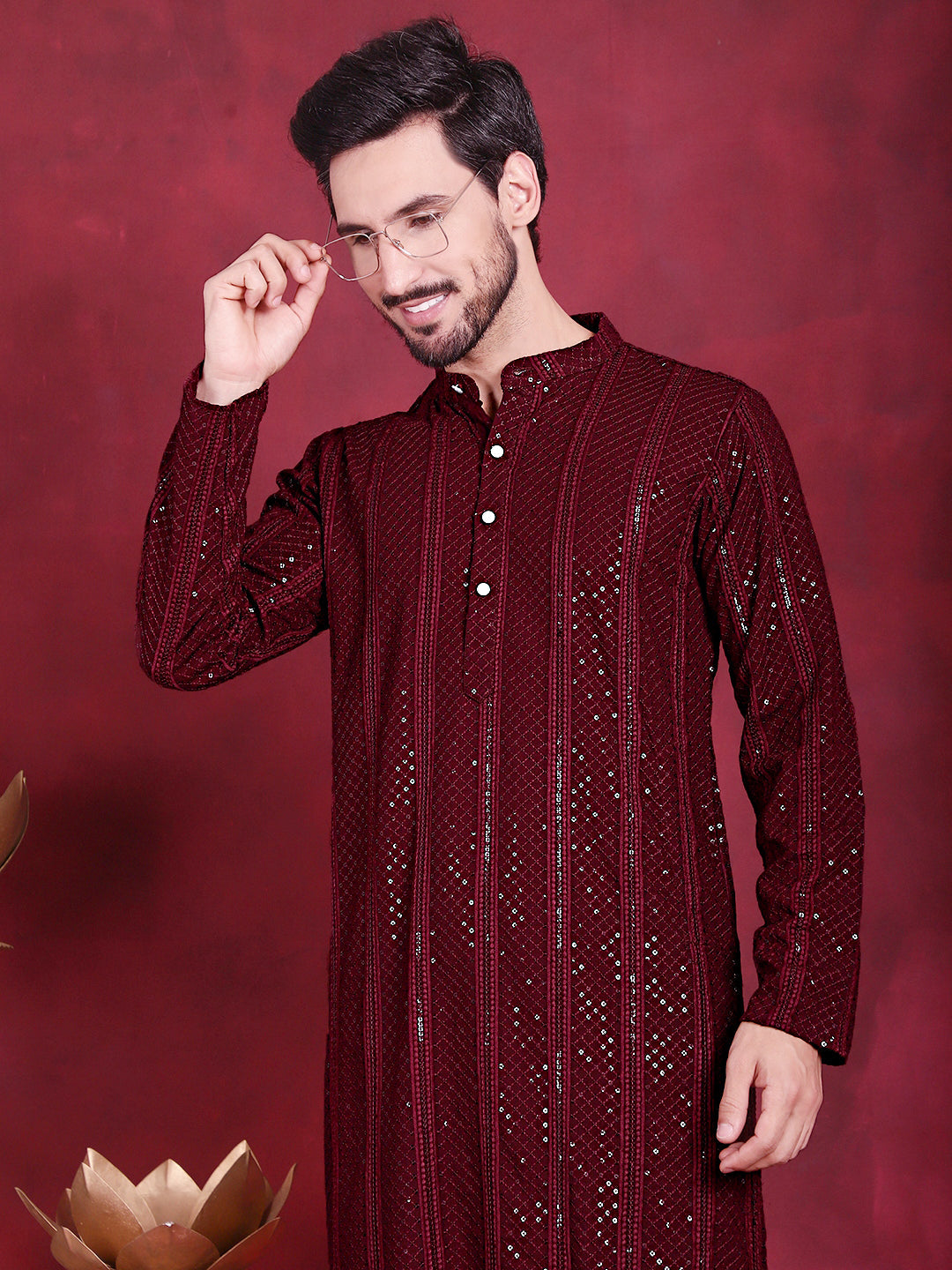 Men's Sequins Chikankari Embroidered Kurta with Pyjama ( JOKP P 5015 Maroon )