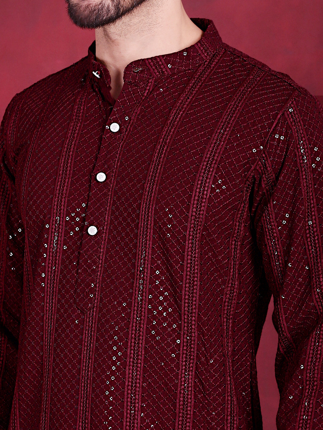 Men's Sequins Chikankari Embroidered Kurta with Pyjama ( JOKP P 5015 Maroon )