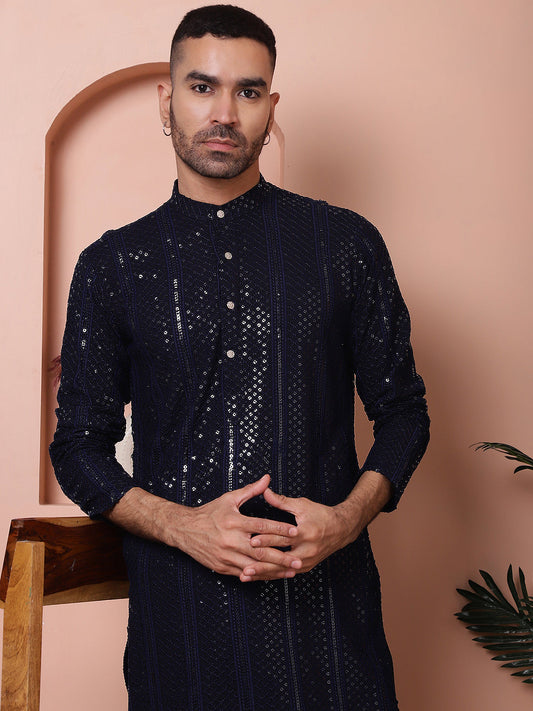 Men's Sequins Chikankari Embroidered Kurta with Pyjama ( JOKP P 5015Navy )