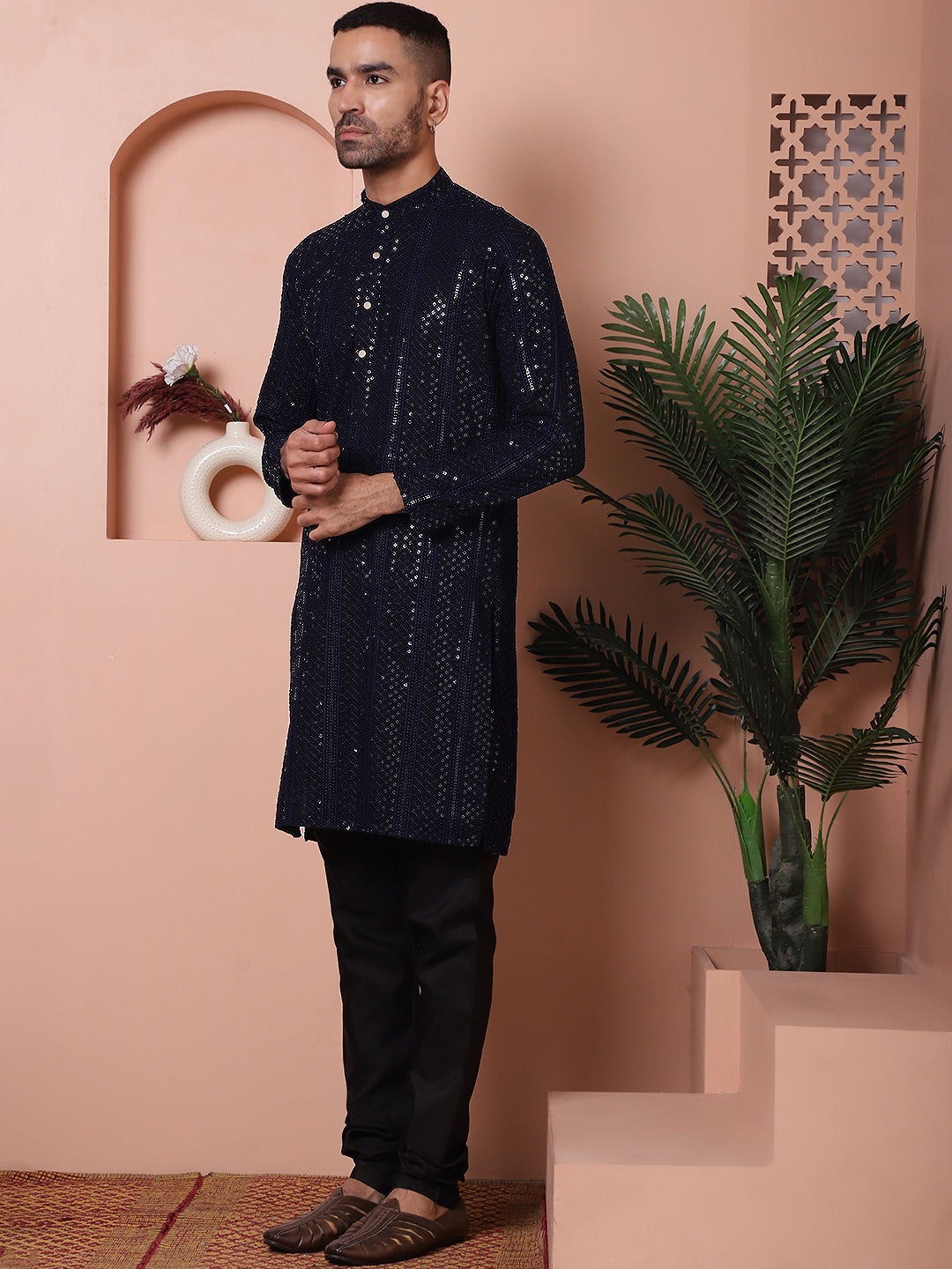 Men's Sequins Chikankari Embroidered Kurta with Pyjama ( JOKP P 5015Navy )