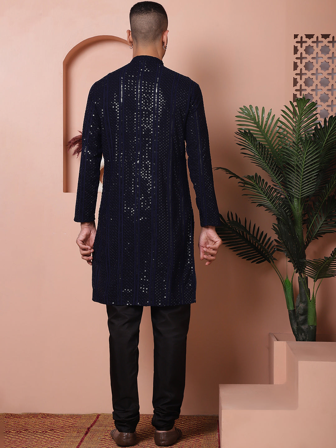 Men's Sequins Chikankari Embroidered Kurta with Pyjama ( JOKP P 5015Navy )