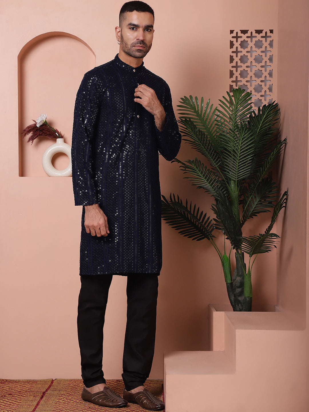 Men's Sequins Chikankari Embroidered Kurta with Pyjama ( JOKP P 5015Navy )