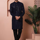 Men's Sequins Chikankari Embroidered Kurta with Pyjama ( JOKP P 5015Navy )