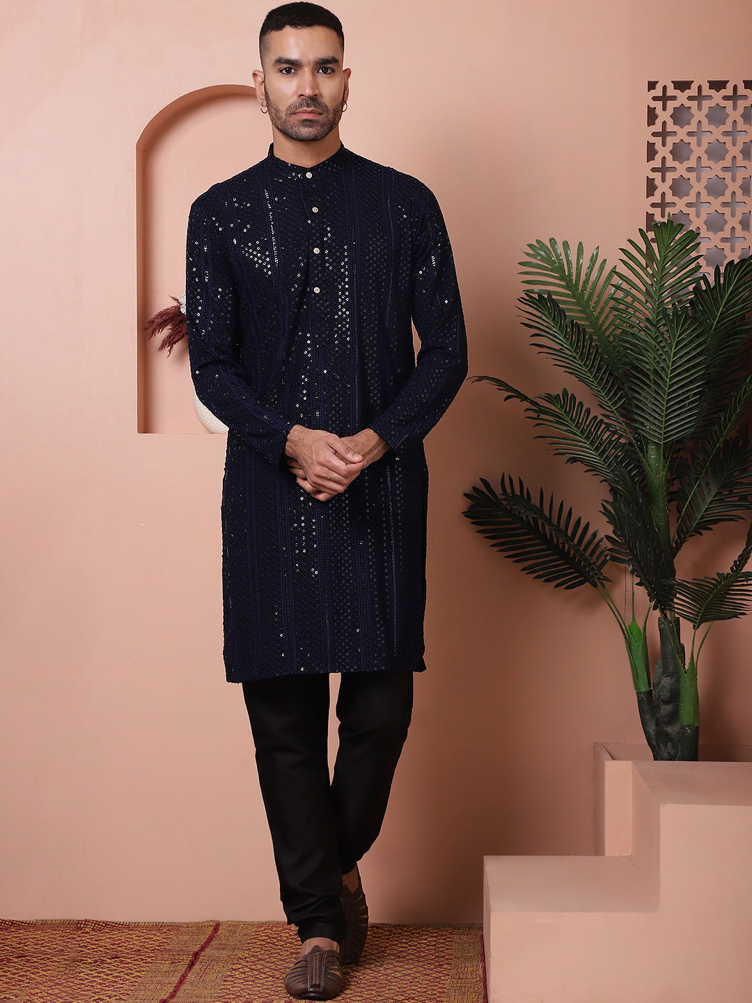 Men's Sequins Chikankari Embroidered Kurta with Pyjama ( JOKP P 5015Navy )