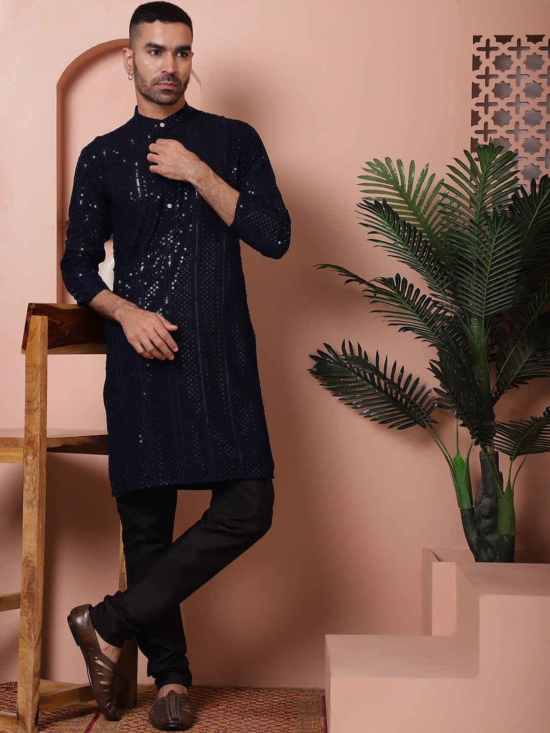 Men's Sequins Chikankari Embroidered Kurta with Pyjama ( JOKP P 5015Navy )