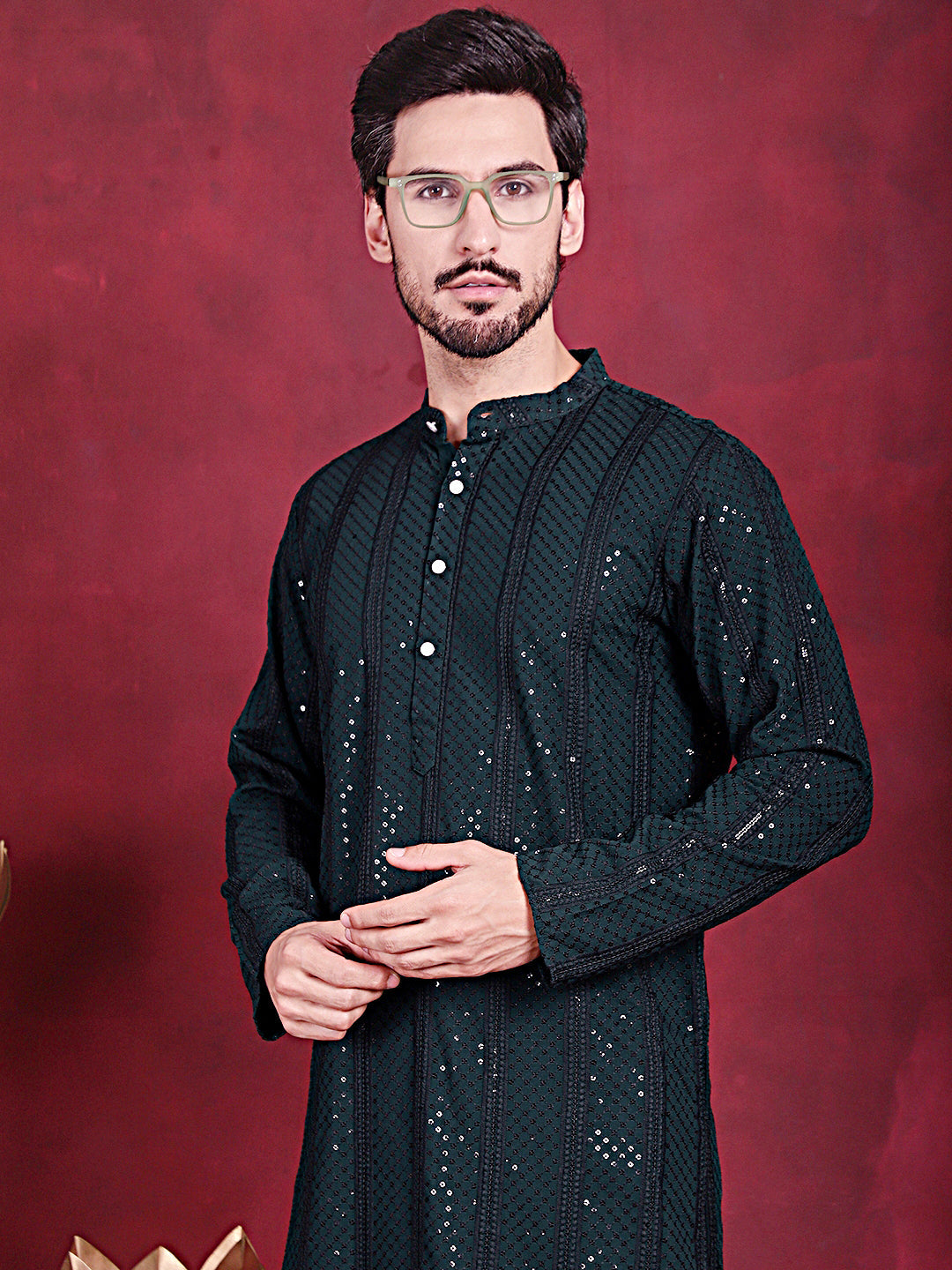 Men's Sequins Chikankari Embroidered Kurta with Pyjama ( JOKP P 5015 Olive )