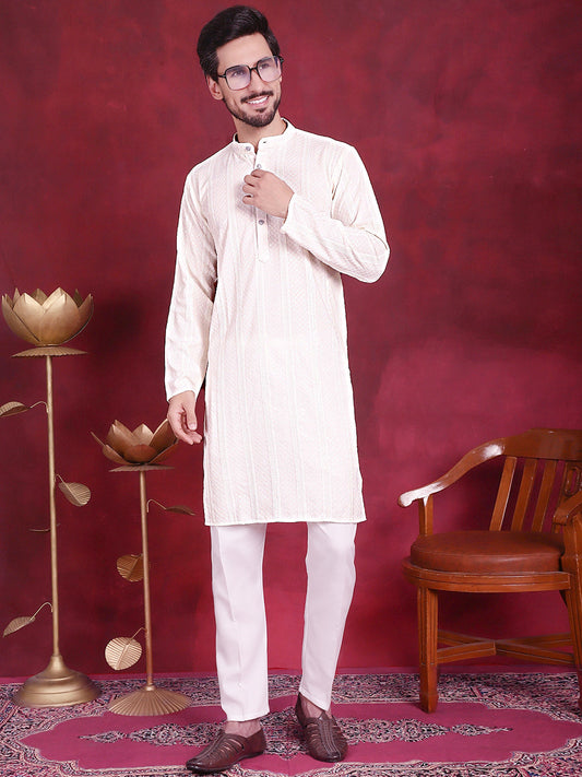 Men's Sequins Chikankari Embroidered Kurta with Pyjama ( JOKP P 5015 White )