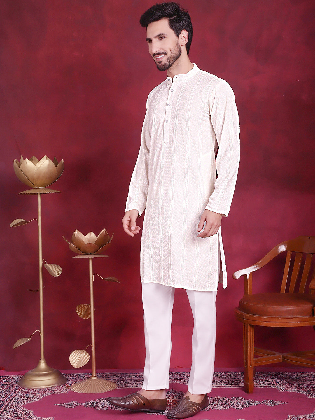 Men's Sequins Chikankari Embroidered Kurta with Pyjama ( JOKP P 5015 White )