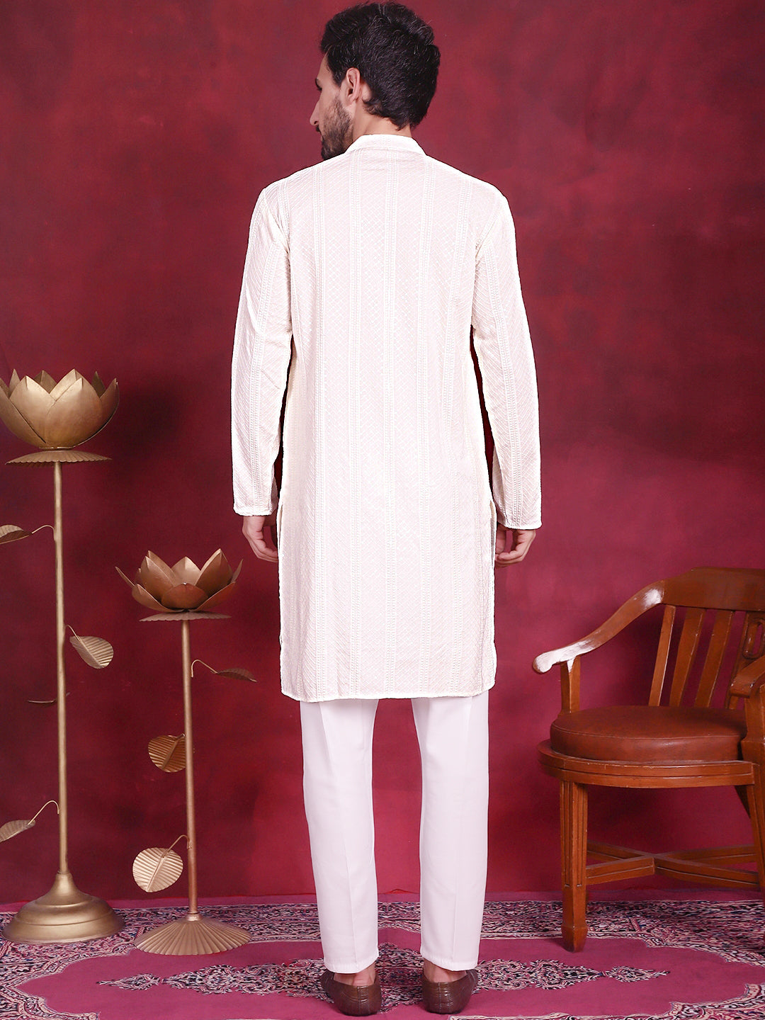 Men's Sequins Chikankari Embroidered Kurta with Pyjama ( JOKP P 5015 White )