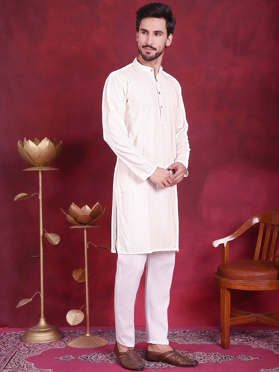 Men's Sequins Chikankari Embroidered Kurta with Pyjama ( JOKP P 5015 White )