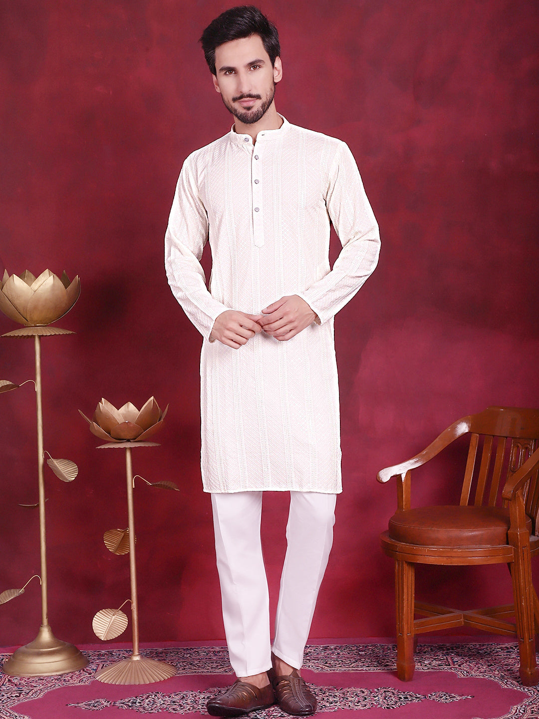 Men's Sequins Chikankari Embroidered Kurta with Pyjama ( JOKP P 5015 White )