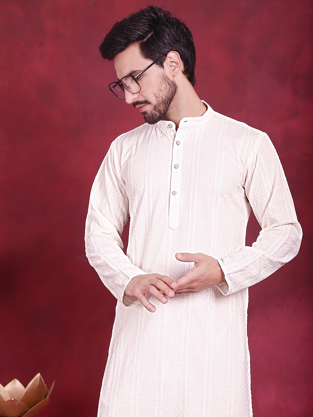 Men's Sequins Chikankari Embroidered Kurta with Pyjama ( JOKP P 5015 White )